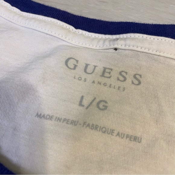 Guess White/Navy Ringer Retro Embroidered Logo T-Shirt, size L - Picture 5 of 10